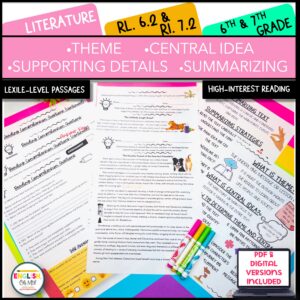 Theme & Summarizing RL.6.2 & 7.2 Leveled Reading Comprehension Passages
