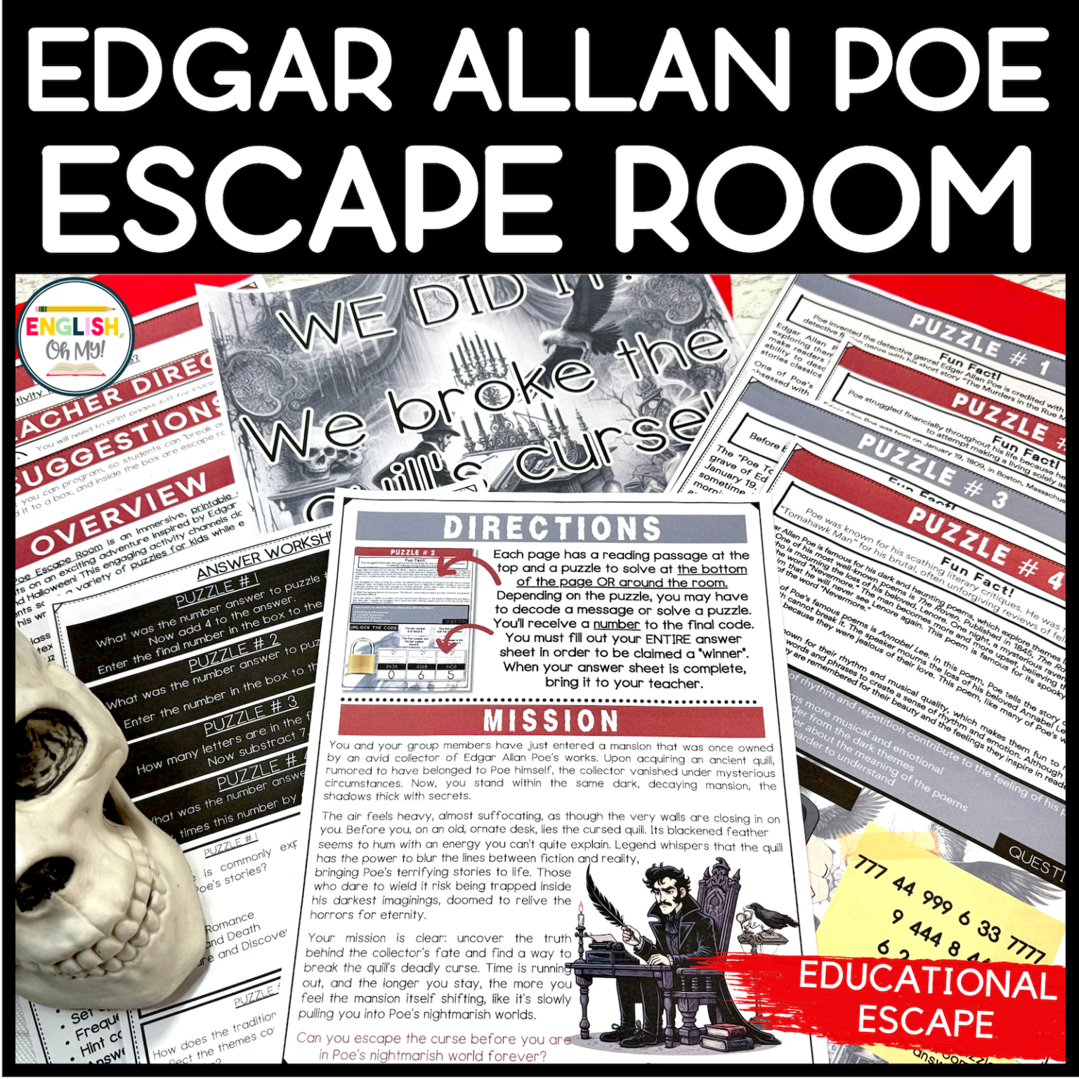Edgar Allan Poe Printable Escape Room - English, Oh My!